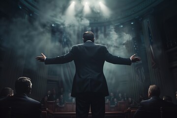 Man addressing audience in a grand courtroom - obrazy, fototapety, plakaty