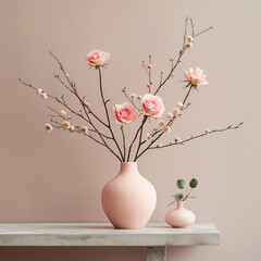 Artistic floral arrangement with pink roses and bare branches in a smooth vase.