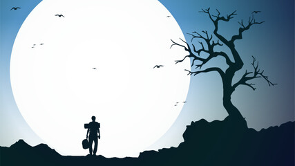 Obraz premium Traveler climb with backpack and travel walking sticks. silhouette of a person in the mountains. A Man hiking in the mountains. a person with backpack for hiking silhouette background