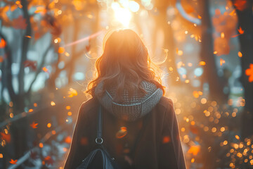 A solitary woman stands amidst a shimmering autumn backdrop as the golden-hour light filters through the falling leaves - obrazy, fototapety, plakaty