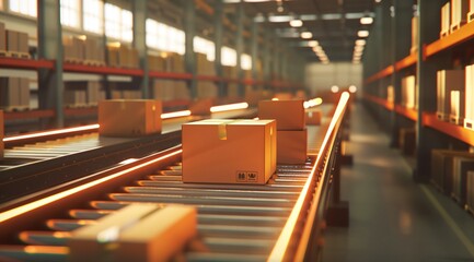 a warehouse with boxes on the conveyor belt - obrazy, fototapety, plakaty