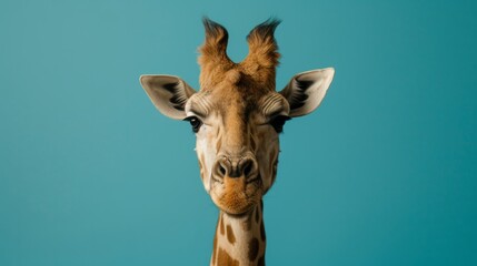 Close-up portrait of a giraffe's head looking at the camera with interest against a bright background