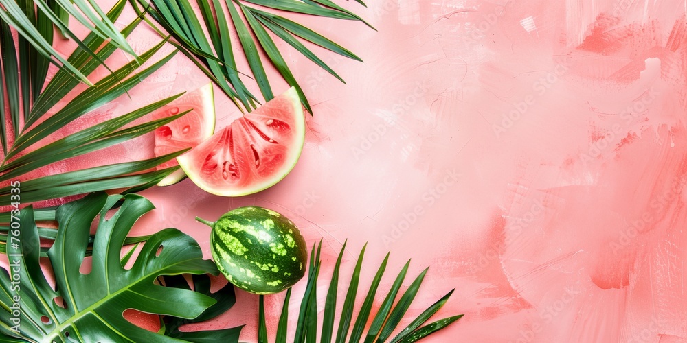 Wall mural a watermelon and palm leaves on a pink background