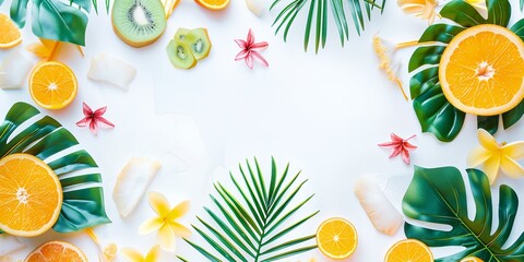 Fruits on a white background with palm leaves