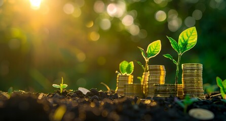 a pile of coins with a plant growing out of it