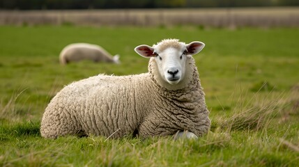 Fototapeta premium a sheep laying in a field of grass