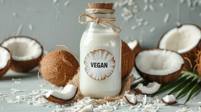 Close up bottle of coconut milk with a "VEGAN" label surrounded by nuts nearby on a wooden table on a plain light background with copyspace