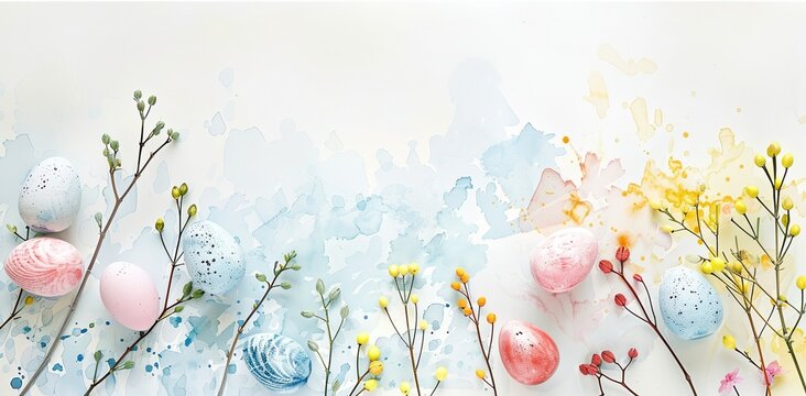 a painting of easter eggs with plants and flowers around them