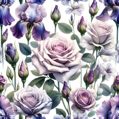 Watercolor painting of Iris Lavender Rose flowers