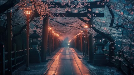 Beautiful Cherry Blossom sakura Tunnel and walkway, generative ai