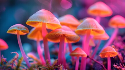 a group of small orange mushrooms growing on a mossy ground in a forest