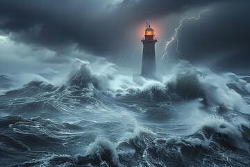 Dramatic scene of a lighthouse enduring a fierce storm with crashing waves and lightning strikes
