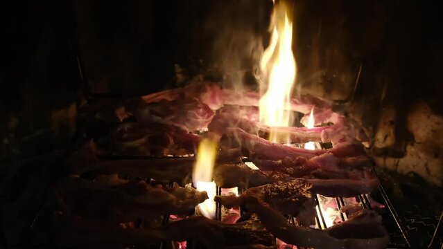 Delicious barbecue meat sizzling over an open flame, creating a mouthwatering aroma and showcasing the artistry of outdoor cooking