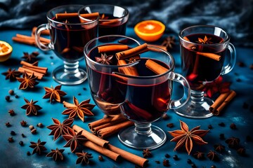 Obraz na płótnie Canvas Hot wine with spices in glass glasses. Mulled wine with cinnamon and star anise on a blue table with fruit 