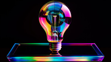 Concept of Technological Innovation: Vibrant Spectrum Light Bulb on Smartphone - Symbolizing Creativity and Innovation