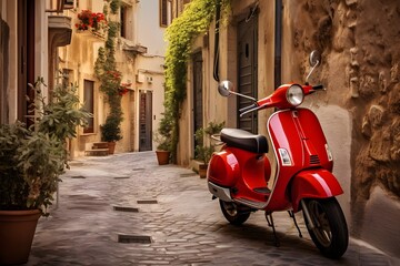 Naklejka premium Classic Red Vespa in Italy: A classic red Vespa parked in a charming Italian alley, capturing the essence of European lifestyle.