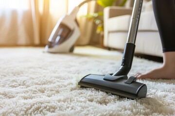 A woman is using a vacuum cleaner to clean her carpet in the living room at home