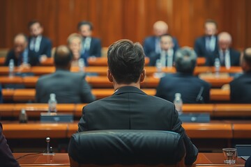 Man in suit watching a panel discussion - obrazy, fototapety, plakaty