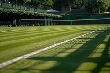 Empty tennis court with neatly trimmed grass and white boundary lines.
