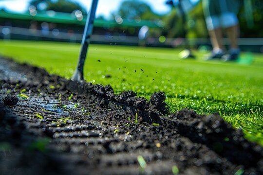 Close-up of soil being aerated on a lush green lawn with a person in shorts in the background.