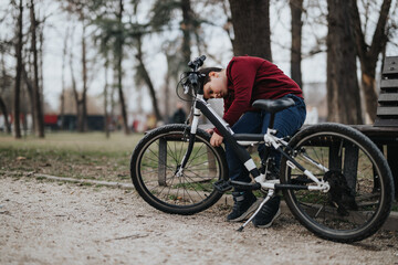 Young boy in casual wear resting on a wooden bench beside his bicycle in a serene park setting, portraying leisure and urban lifestyle.