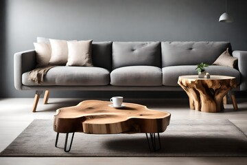 Close up of natural wood rustic live edge coffee table near grey sofa. Minimalist home interior design of modern living room. 