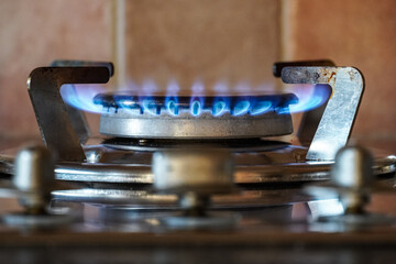 Blue gas flames burning on a gas hob burner, kitchen gas cooker