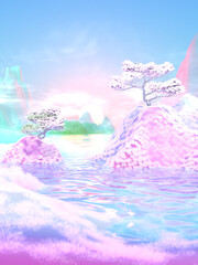 A pink and blue landscape with mountains