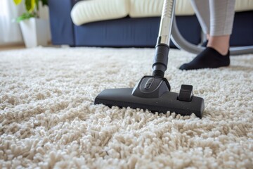 A woman is using a vacuum cleaner to clean her carpet in the living room at home