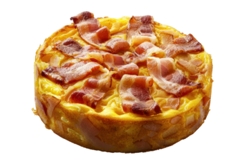 
Puffed corn cake with smoked bacon slices isolated on white background Realistic daytime first person perspective