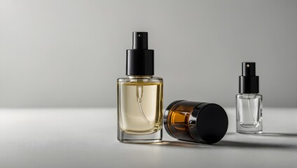 mock-up of cosmetics bottle with dispenser for essential oil or perfume - obrazy, fototapety, plakaty