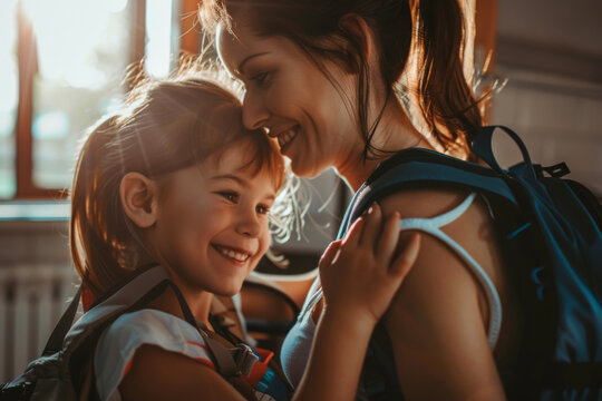 A mother is hugging her daughter. The gilr is smiling while preparing to school. The scene is warm and loving