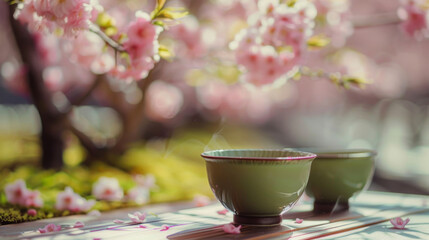 Two green tea cups with steam coming out of them and blurred sakura cherry blossom tree as background, japanese culture and relaxation concept - Powered by Adobe