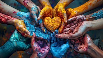 Many hands covered in paint holding coloured hearts. Wooden blurred background. Banner