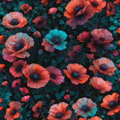 Vibrant Neon Poppy Bouquet on Black Background Gen AI