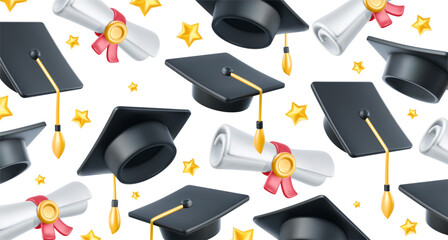 Vector illustration of graduate cap and diploma on white background. Caps thrown up pattern. 3d style design of congratulation graduates with graduation hat and diploma scroll - obrazy, fototapety, plakaty