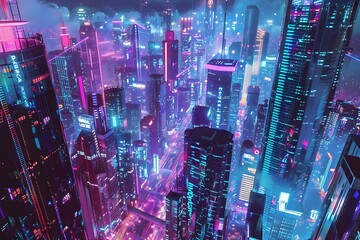 neon signs covering buildings and holographic ads create a pulsating picture in this futuristic cyberpunk alleyway. Neon Nights: Exploring the Extravaganza of Night Markets