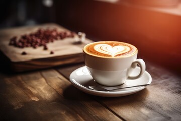 Cup with Latte Coffee. Heart shaped latte art - obrazy, fototapety, plakaty
