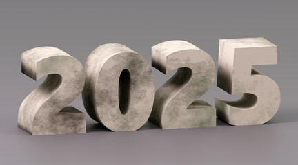 3d 2025 made of concrete on grey background, 3d render, sign