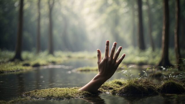 Human hand raising from marshland 