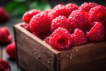 A wooden box full of fresh raspberries