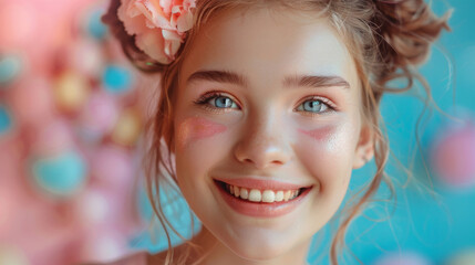 Fototapeta premium Cute girl enjoying playing with makeup, beautiful, vibrant pastel color palette, close up