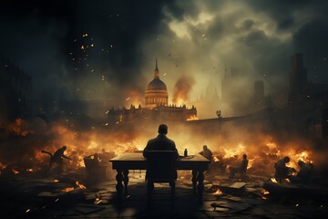 Man at a desk in a burning cityscape - obrazy, fototapety, plakaty