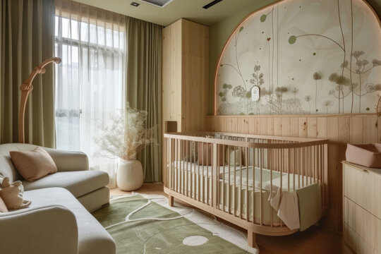 A warm and minimalist welcoming green nursery designed for baby, newborn bedroom