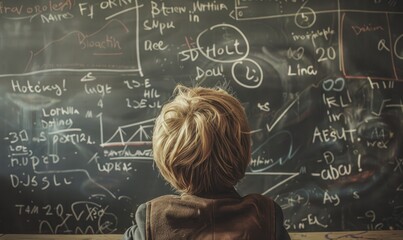a child looking at a blackboard