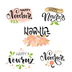 Happy Nowruz set of handwritten phrases. Vector illustration. Modern brush calligraphy and leaves for holiday celebration, greeting card, poster, banner. Iranian New year celebration collection.