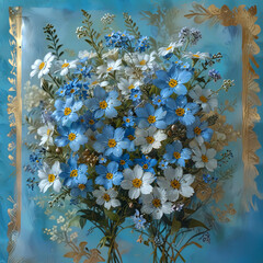 Blue Background Floral Bouquet with Metallic Accents Gen AI