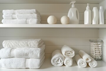 Stacked and rolled white towels on a two-tiered shelf with assorted white bottles and wool dryer balls, beside a jar filled with cotton pads. tidy laundry or bathroom storage and organization.