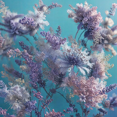 Fototapeta na wymiar Blower Bouquet on Blue Background with Lavender and Pollen Grains Gen AI