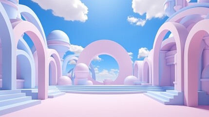 3d Render pastel landscape background with architecture and geometric